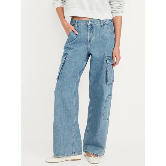 Old Navy Baggy Wide Leg Cargo Jeans Womens 16 Blue Mid Rise Skater Grunge - Picture 1 of 10